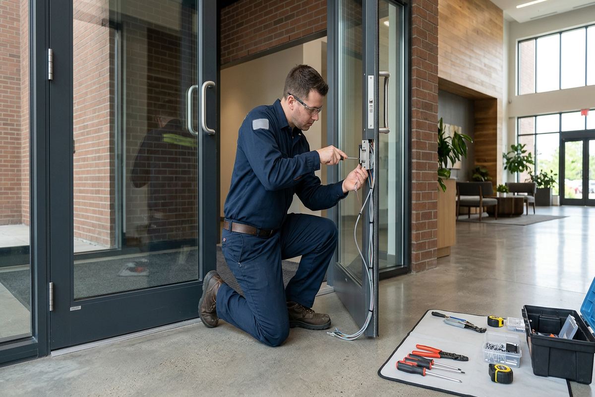 Electric strike installation being performed by a UnifiedLink low-voltage technician