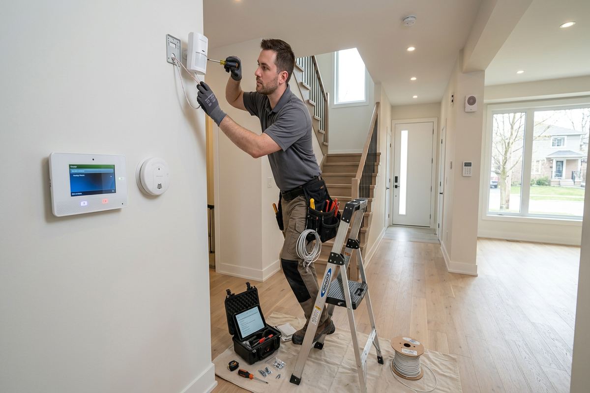 Wireless alarm installation being performed by a UnifiedLink low-voltage technician