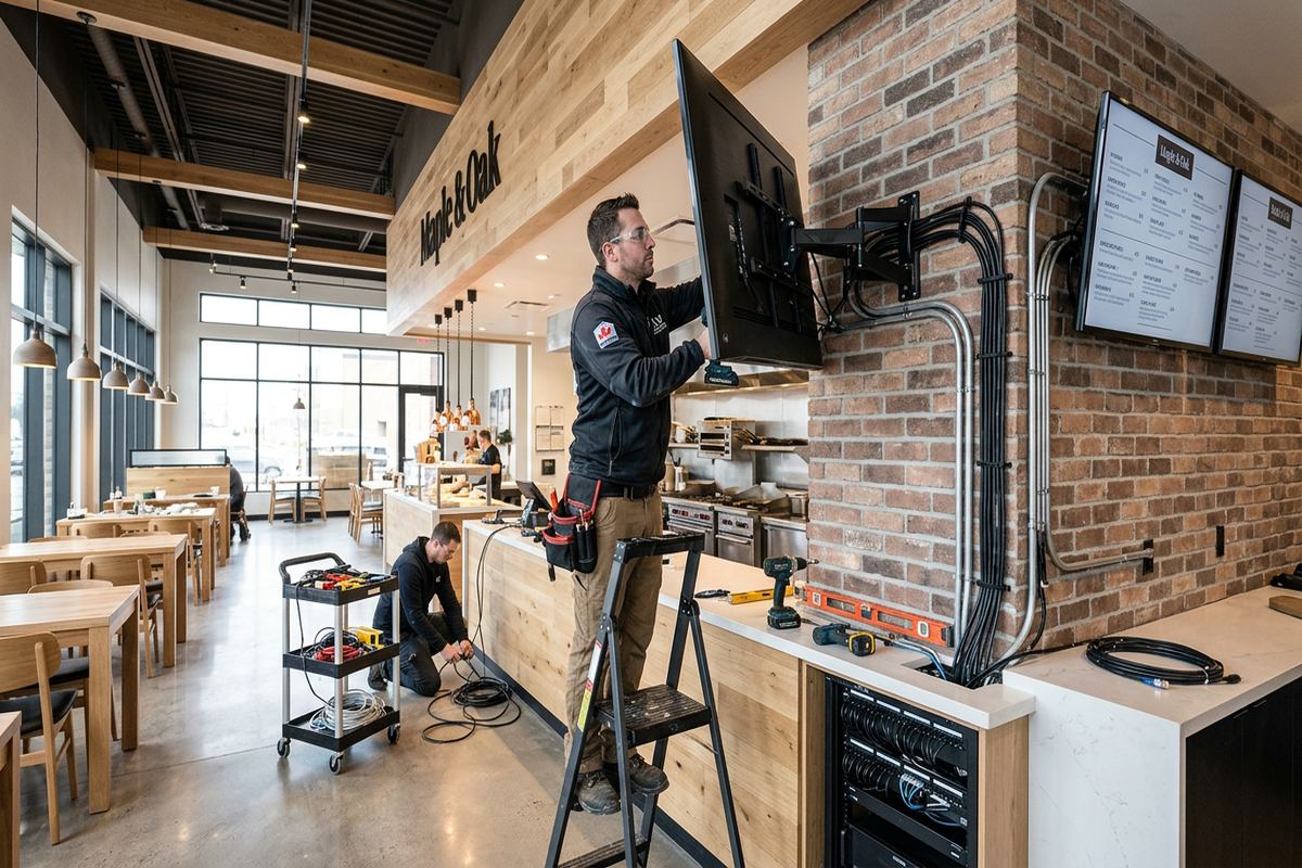 Restaurant display installation being performed by a UnifiedLink low-voltage technician