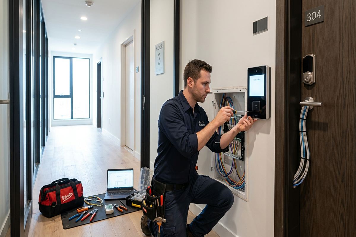 Apartment access control systems being performed by a UnifiedLink low-voltage technician