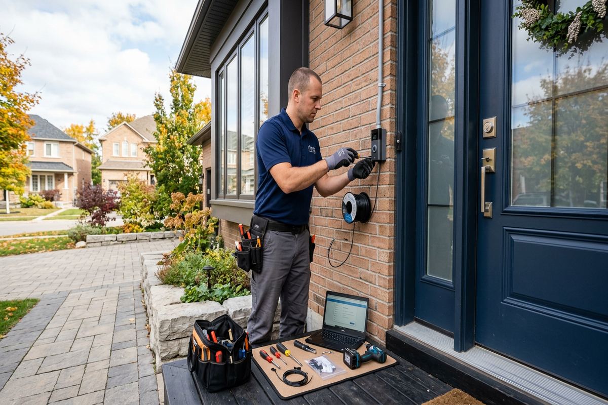 Doorbell camera installation being performed by a UnifiedLink low-voltage technician