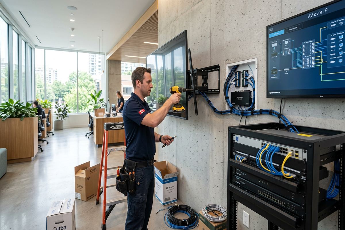 AV over IP installation being performed by a UnifiedLink low-voltage technician
