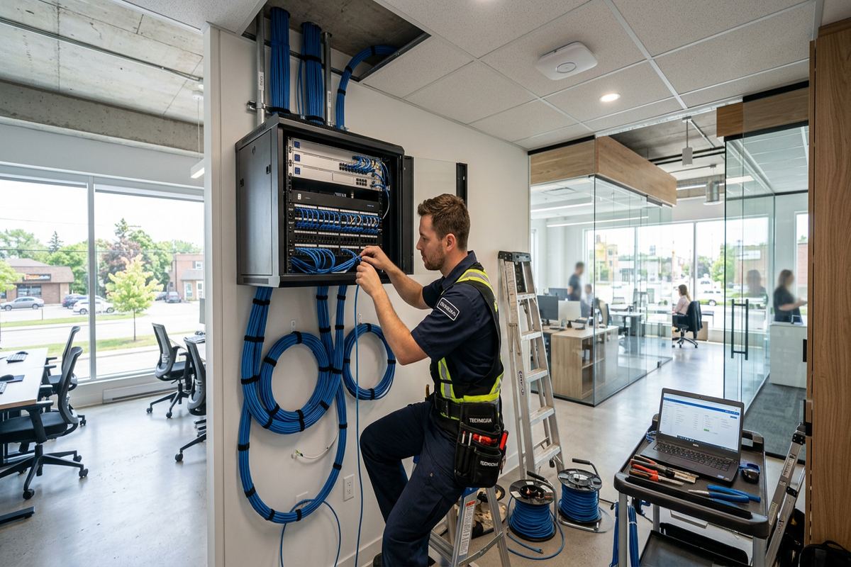 Business Wi-Fi installation being performed by a UnifiedLink low-voltage technician