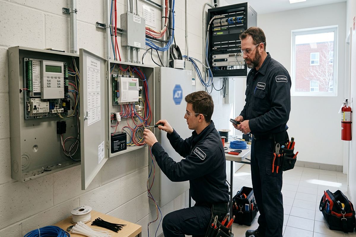 Alarm panel replacement being performed by a UnifiedLink low-voltage technician