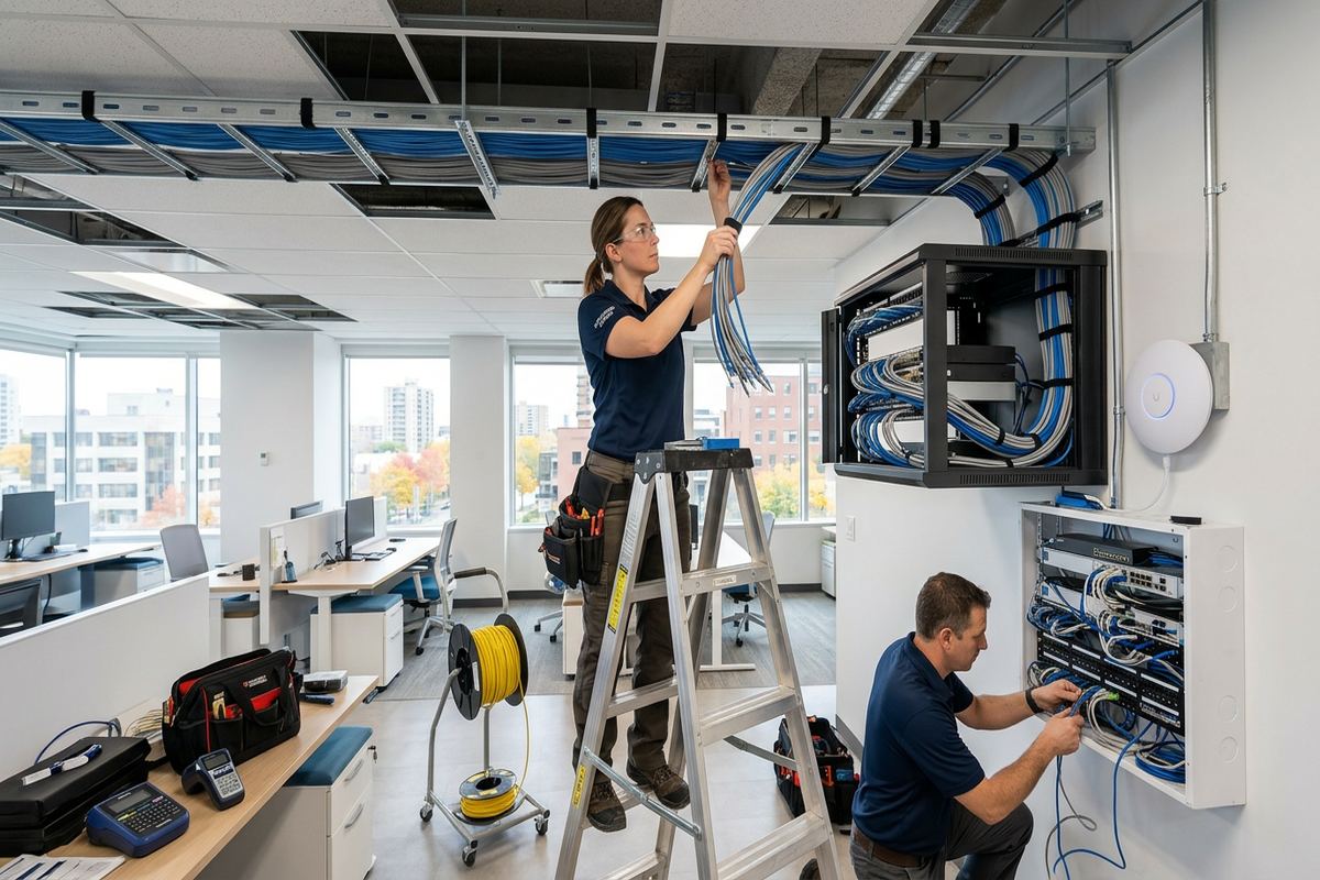 Cat6A cabling installation being performed by a UnifiedLink low-voltage technician