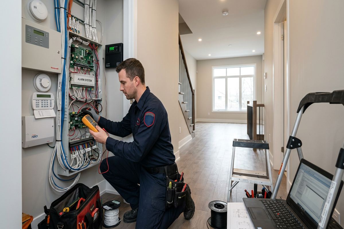 Alarm system troubleshooting being performed by a UnifiedLink low-voltage technician