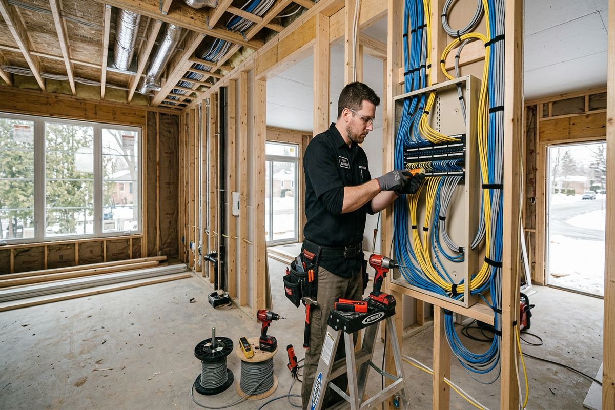 Low-voltage pre-wiring being performed by a UnifiedLink low-voltage technician