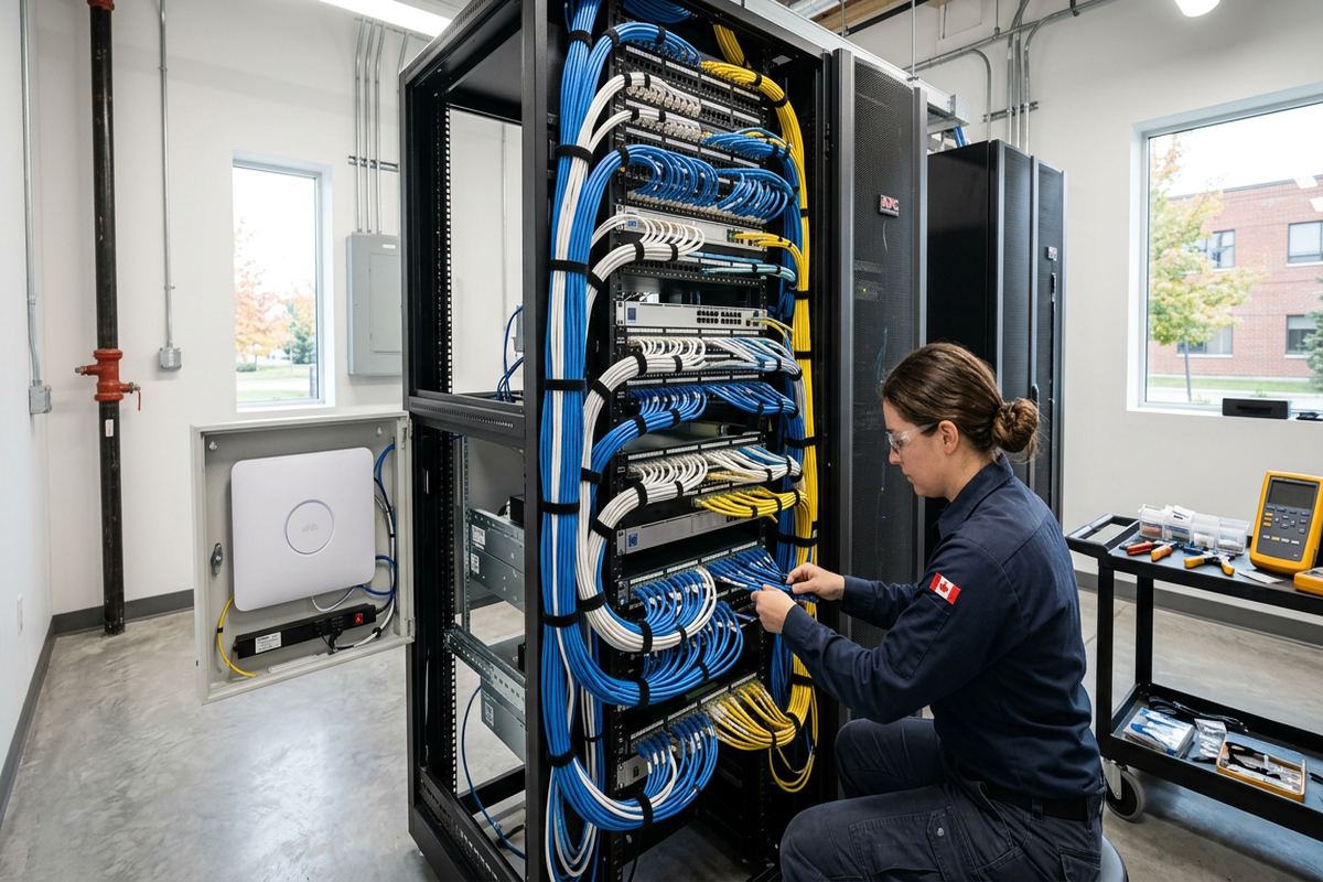 Server rack cabling being performed by a UnifiedLink low-voltage technician