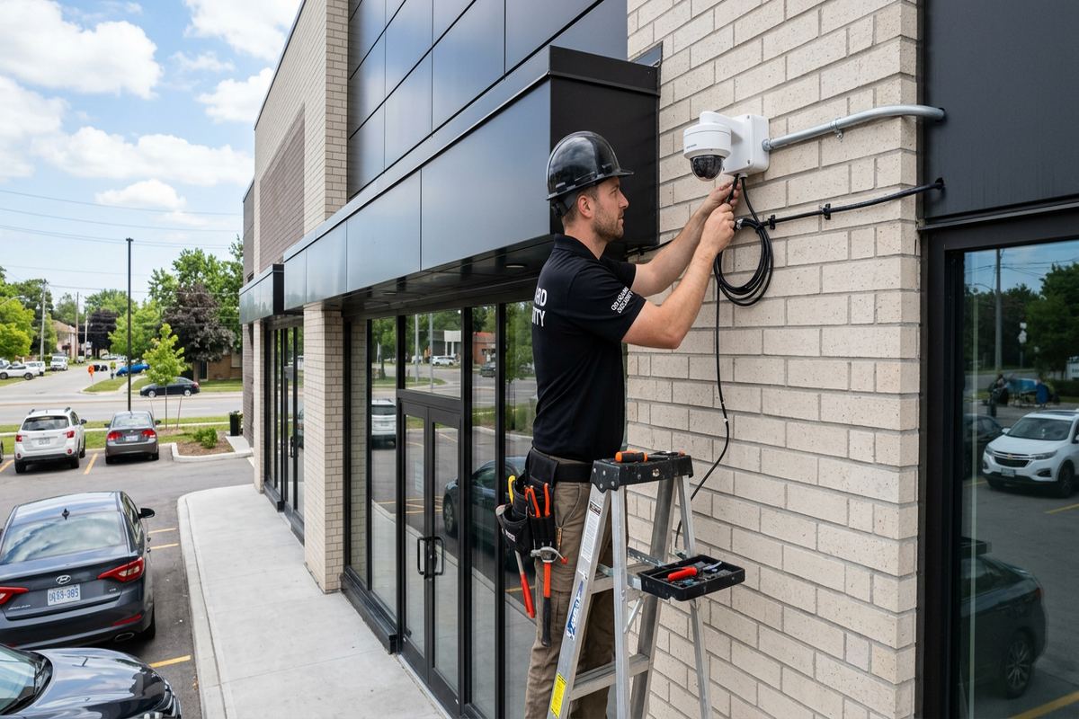 Commercial security camera installation being performed by a UnifiedLink low-voltage technician