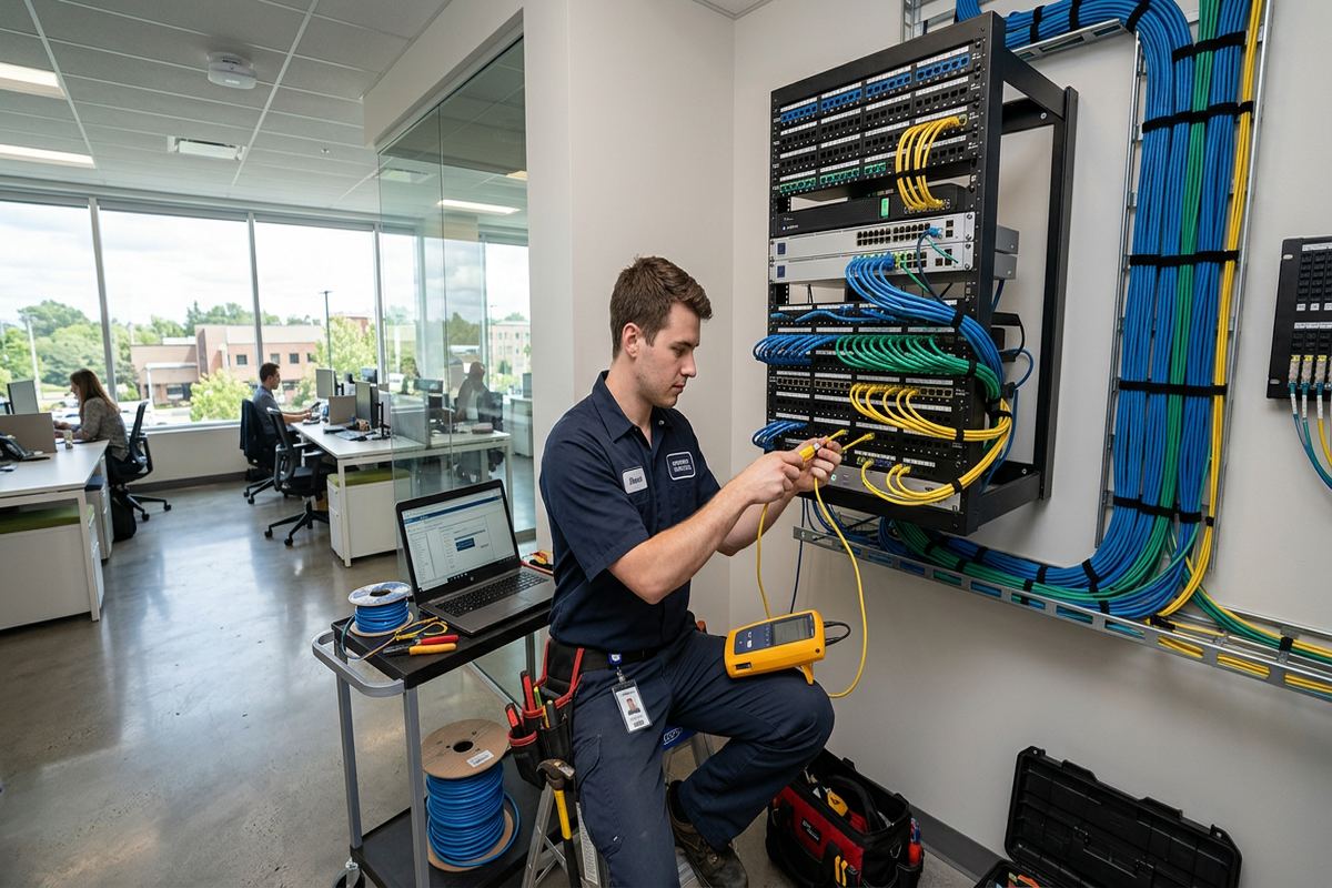 Network troubleshooting being performed by a UnifiedLink low-voltage technician