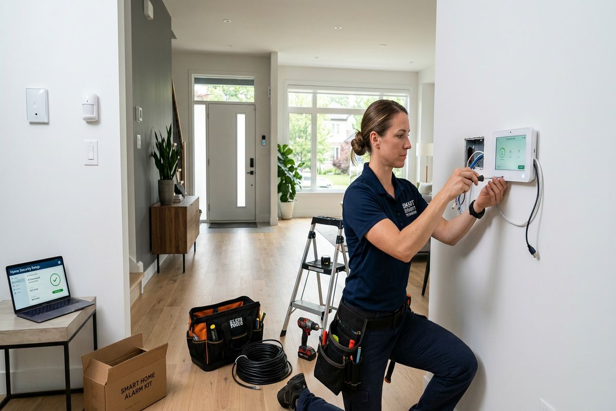 Smart alarm app setup being performed by a UnifiedLink low-voltage technician