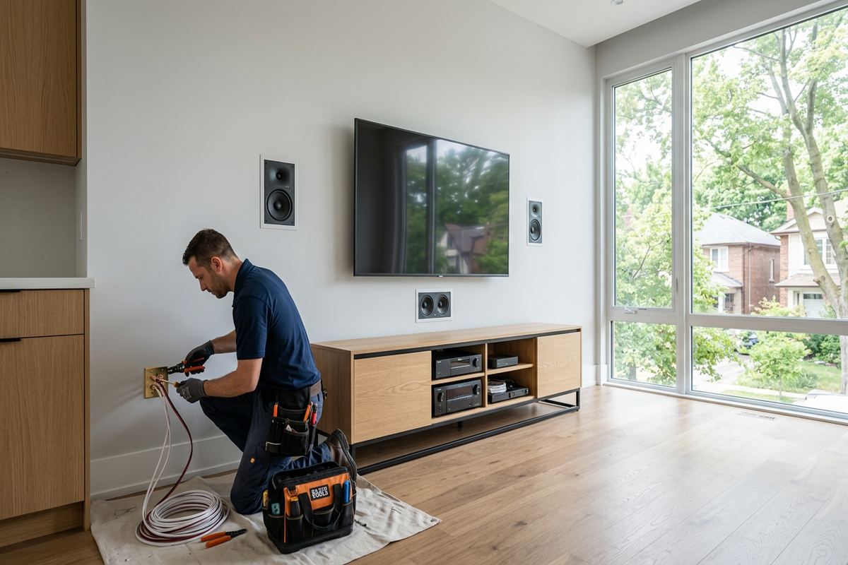 Stereo system installation being performed by a UnifiedLink low-voltage technician