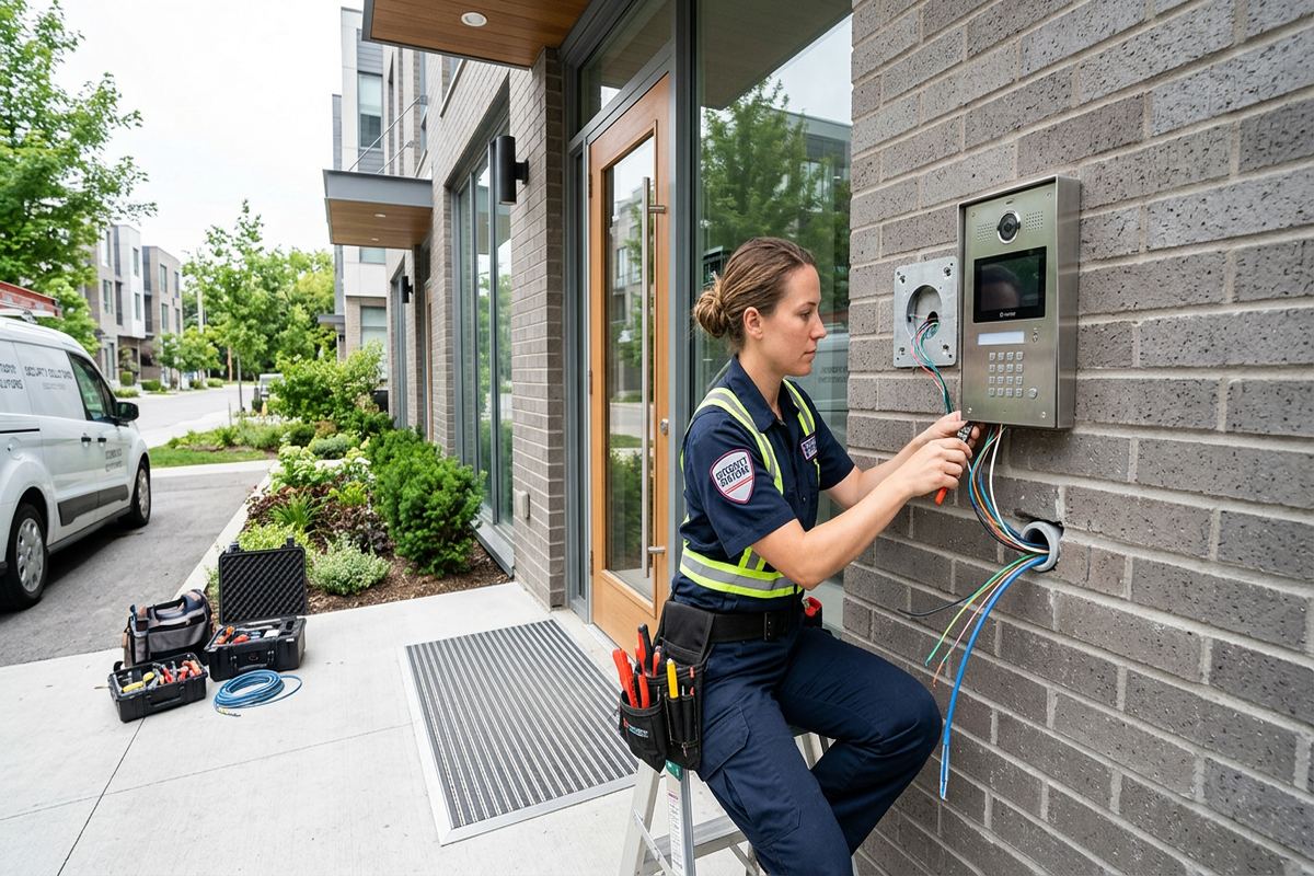 Video intercom installation being performed by a UnifiedLink low-voltage technician