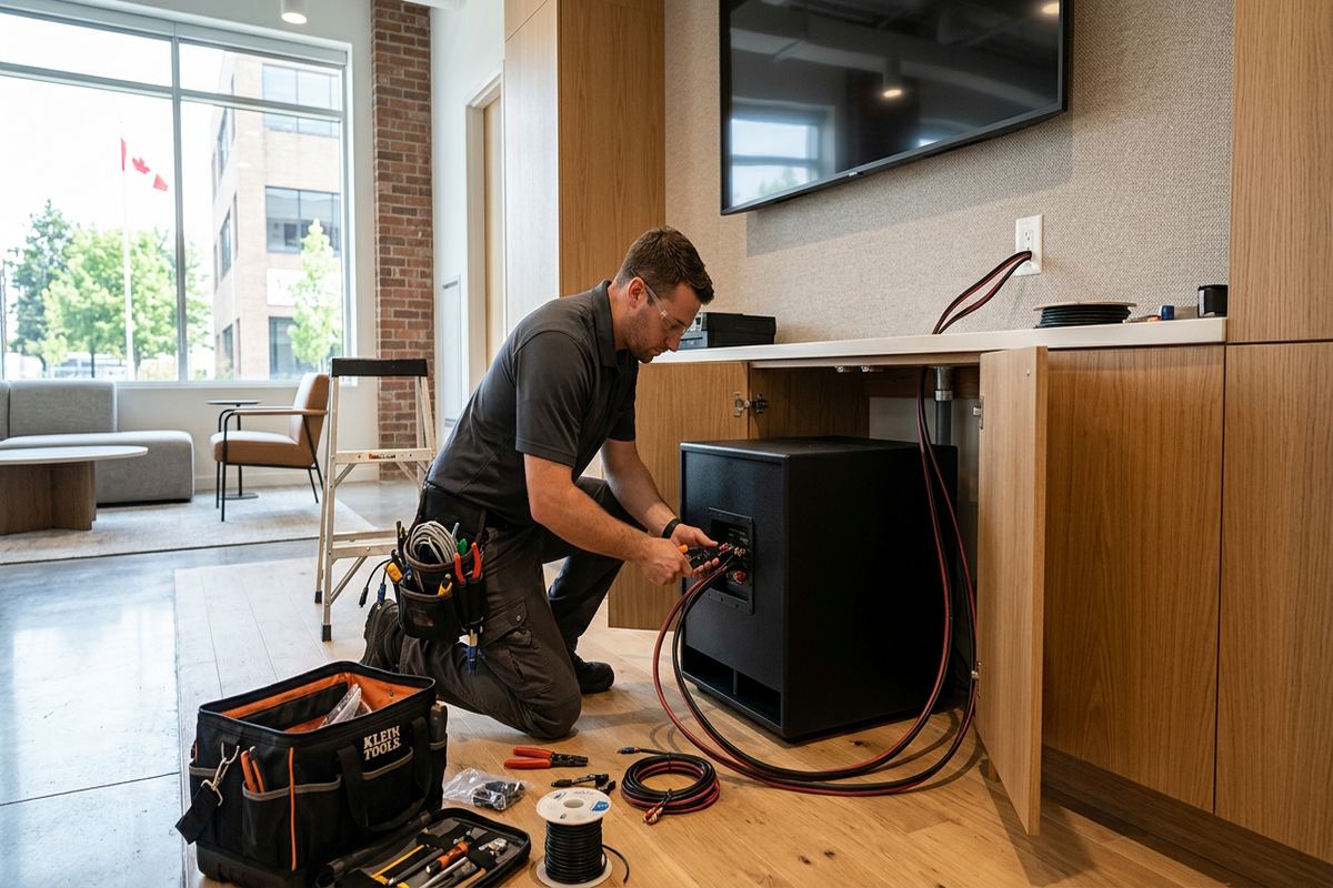 Subwoofer installation being performed by a UnifiedLink low-voltage technician