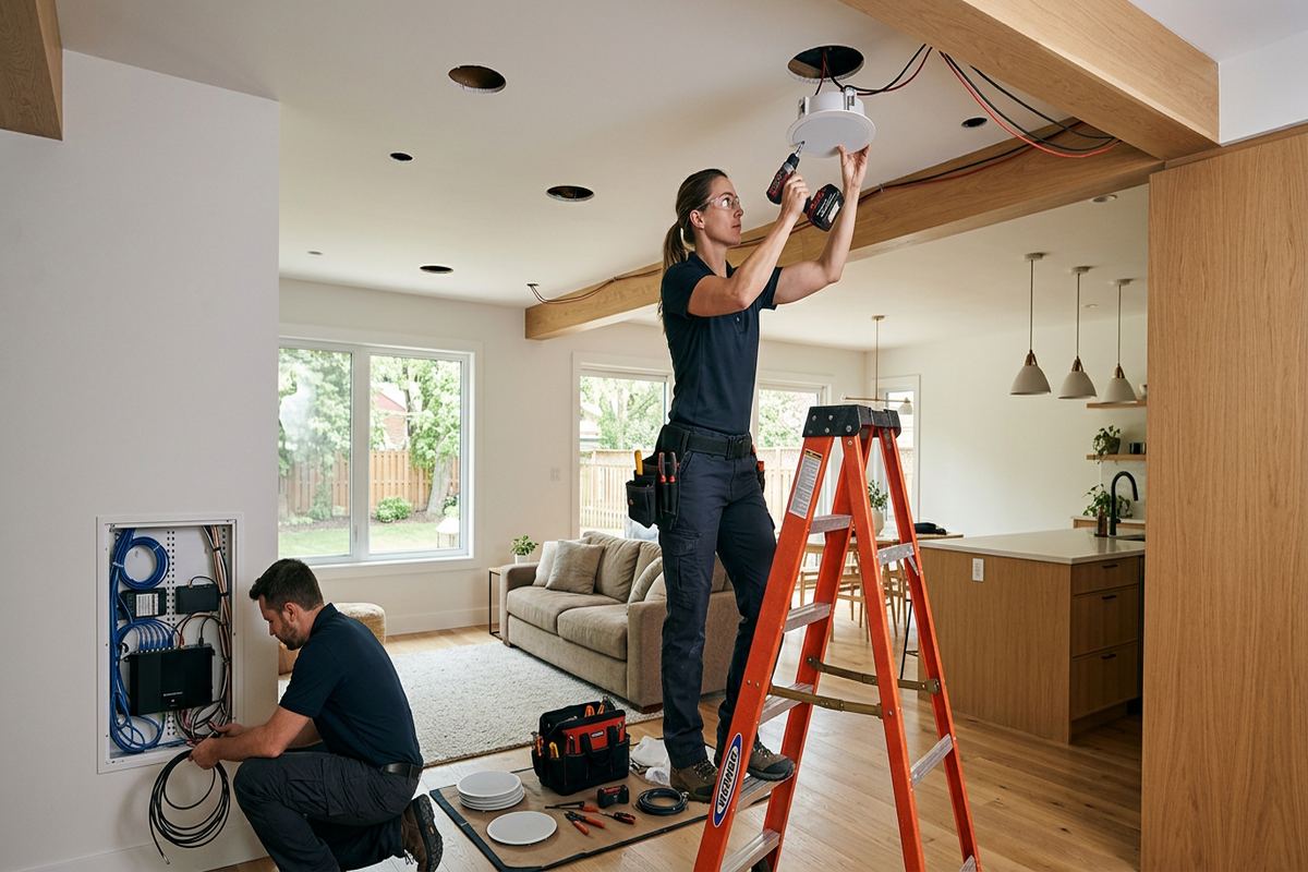 Smart home audio integration being performed by a UnifiedLink low-voltage technician