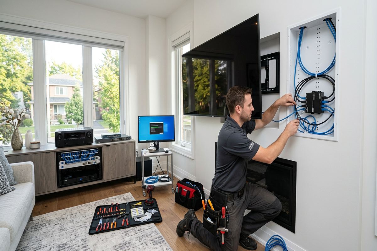 HDMI over Ethernet installation being performed by a UnifiedLink low-voltage technician