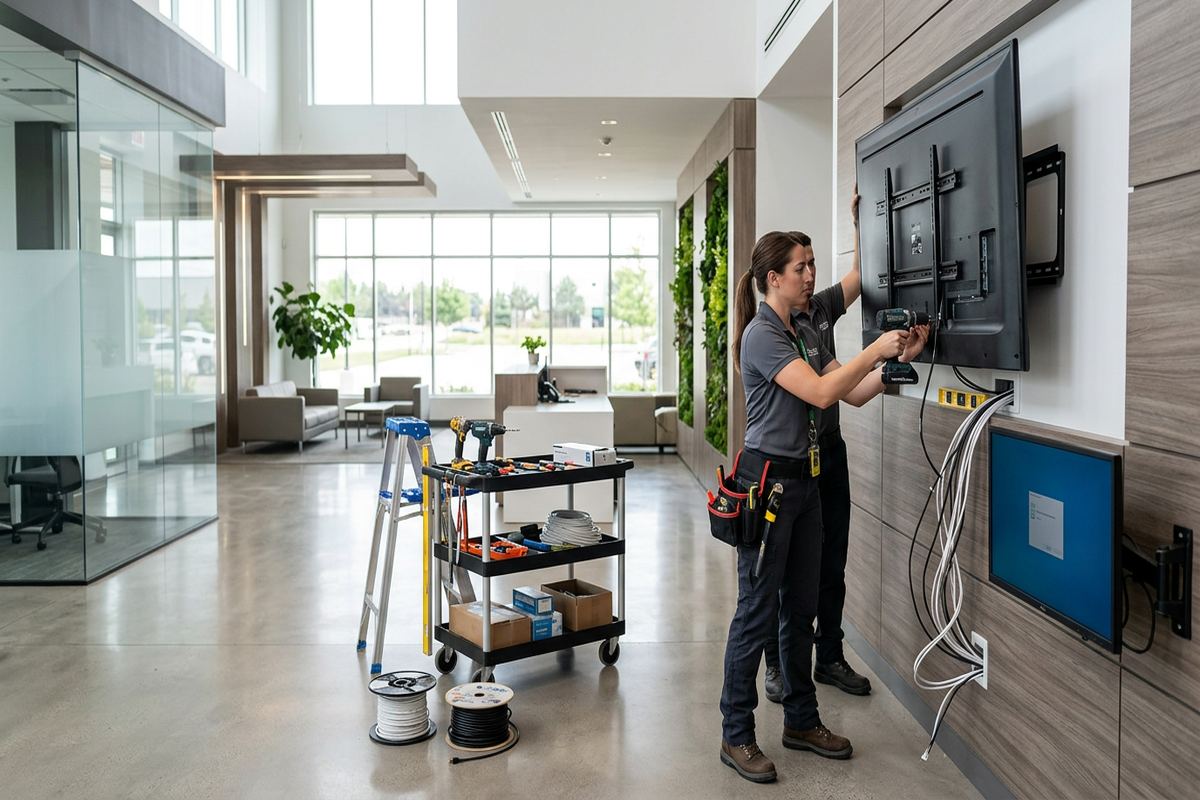 Retail display installation being performed by a UnifiedLink low-voltage technician
