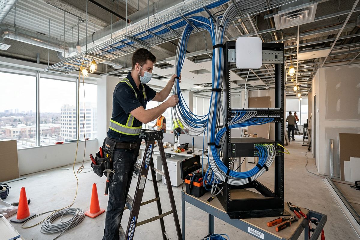 Temporary network installation being performed by a UnifiedLink low-voltage technician