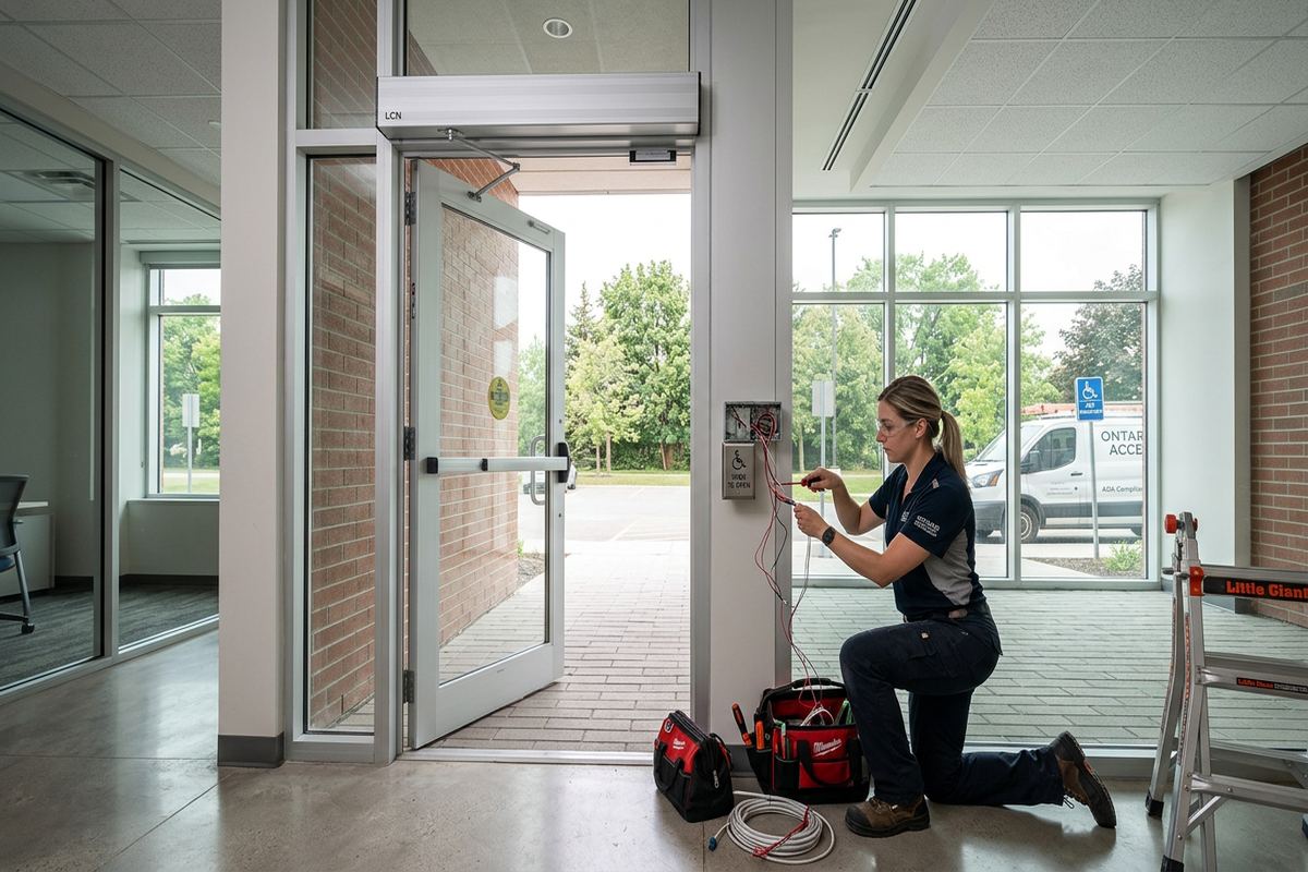 Accessible door operator integration being performed by a UnifiedLink low-voltage technician