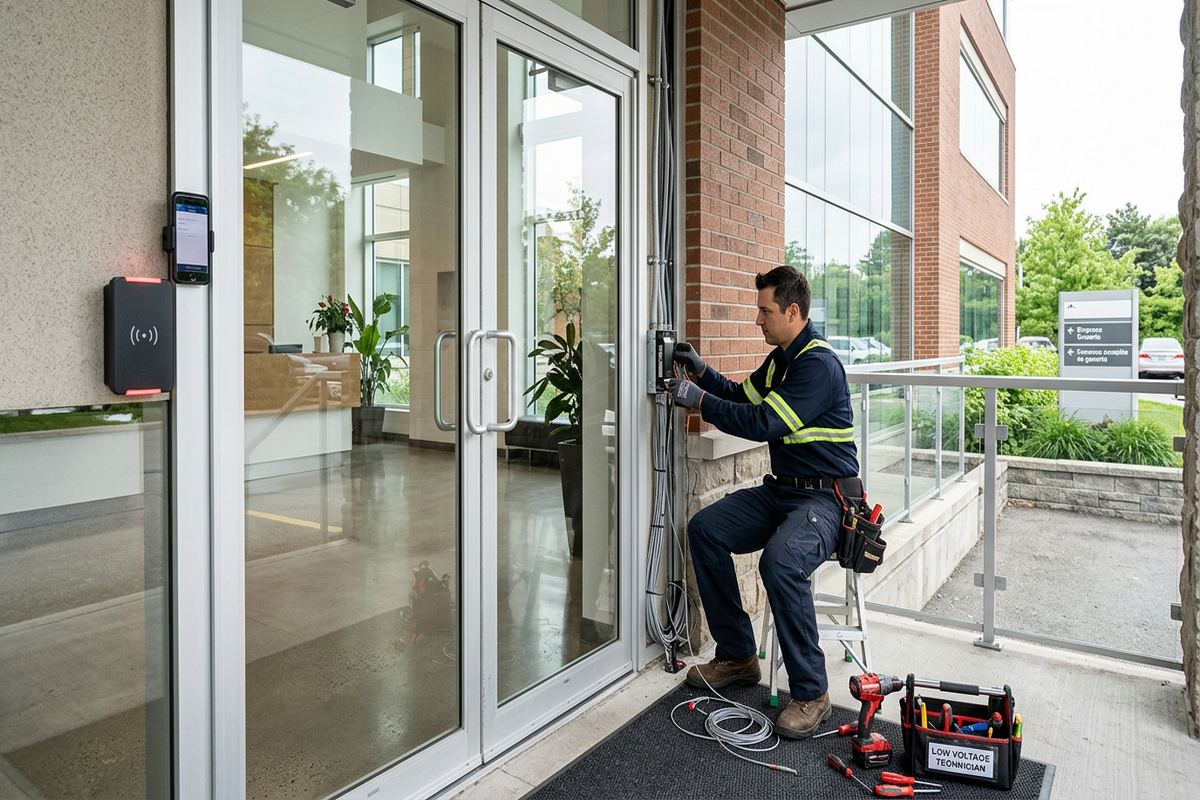 Mobile credential access systems being performed by a UnifiedLink low-voltage technician