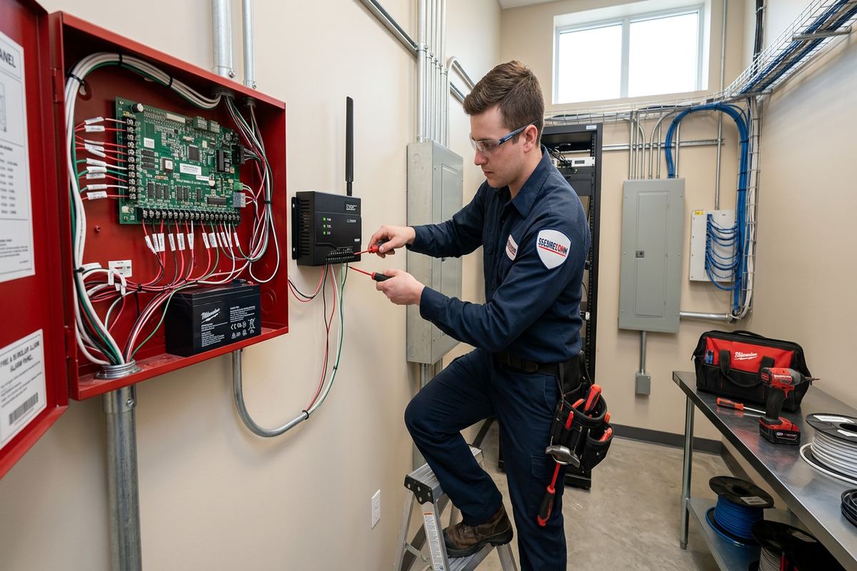Cellular alarm communicator installation being performed by a UnifiedLink low-voltage technician