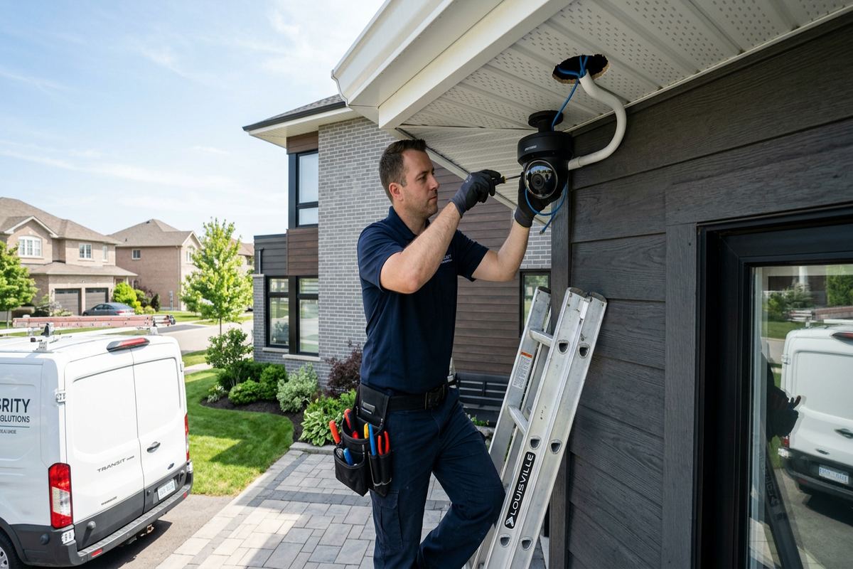 Fisheye camera installation being performed by a UnifiedLink low-voltage technician