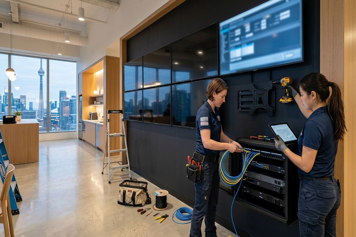 Multi-display control systems being performed by a UnifiedLink low-voltage technician