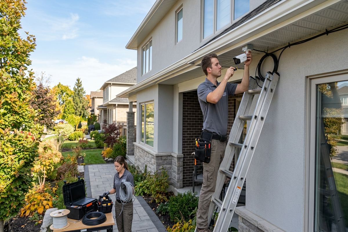 Home security camera installation being performed by a UnifiedLink low-voltage technician