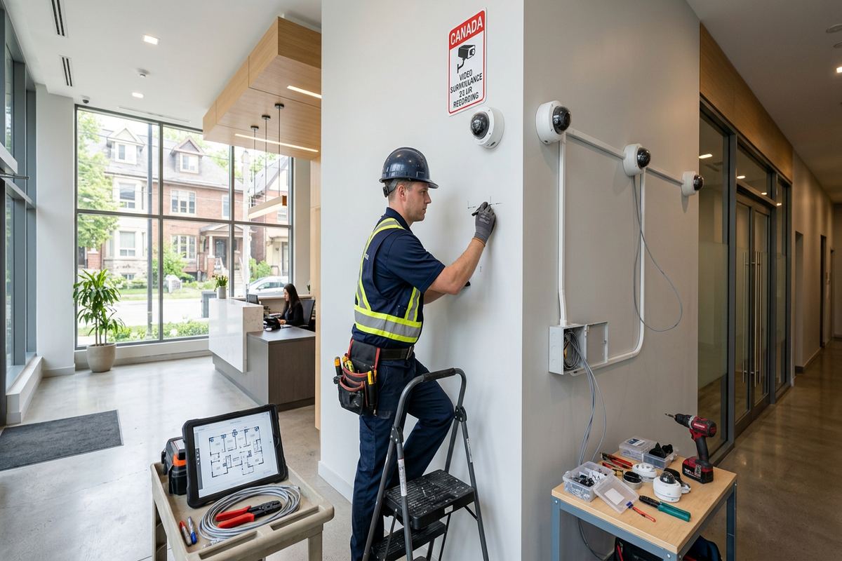Surveillance signage planning being performed by a UnifiedLink low-voltage technician