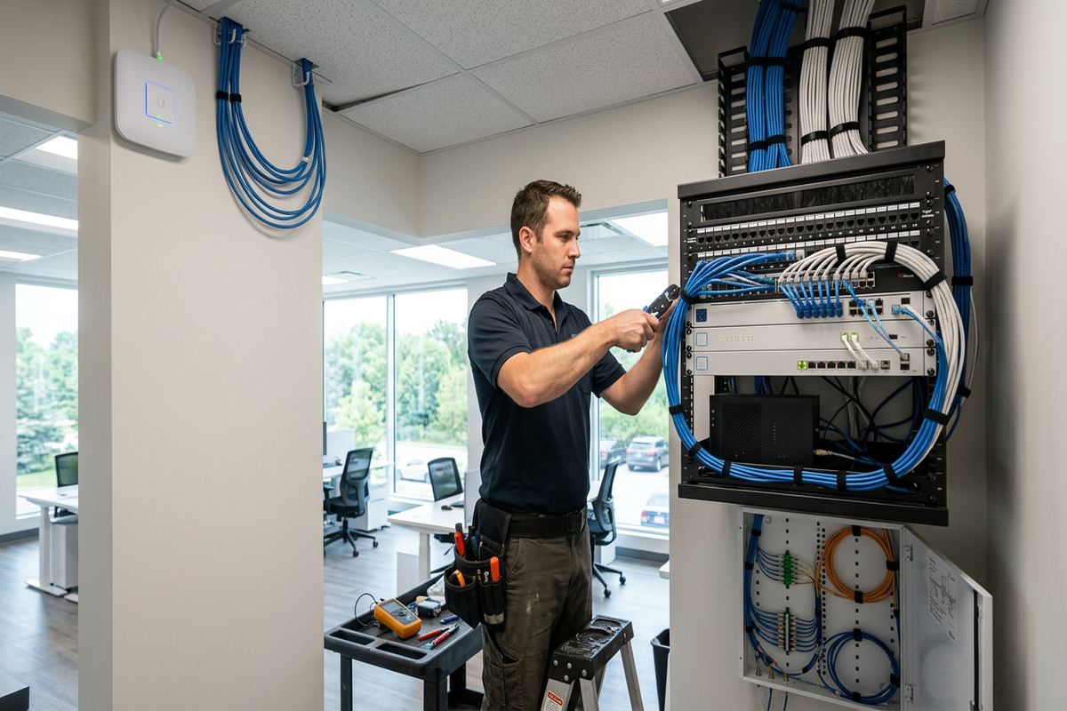Network monitoring setup being performed by a UnifiedLink low-voltage technician
