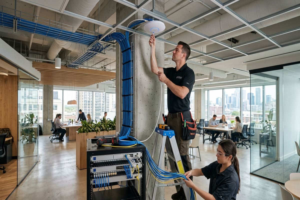 Wi-Fi dead-zone correction being performed by a UnifiedLink low-voltage technician