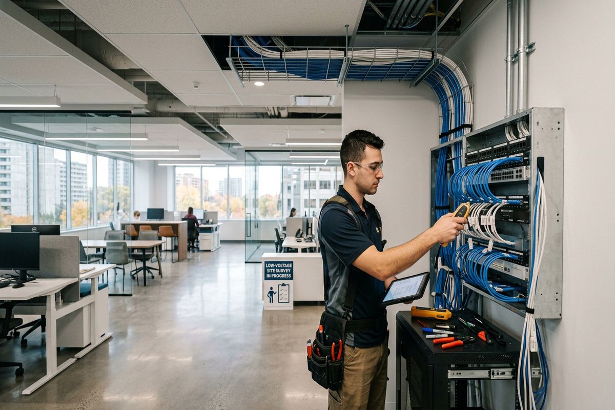 Low-voltage site survey being performed by a UnifiedLink low-voltage technician