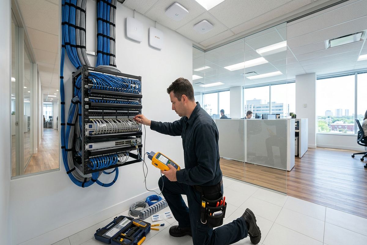 Network cable certification being performed by a UnifiedLink low-voltage technician