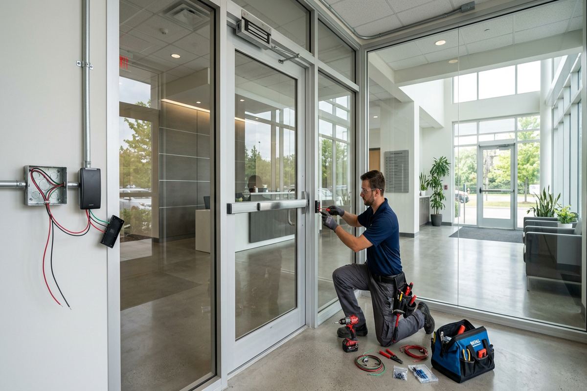 Commercial access control installation being performed by a UnifiedLink low-voltage technician