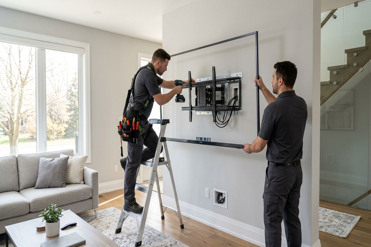 TV wall mounting being performed by a UnifiedLink low-voltage technician