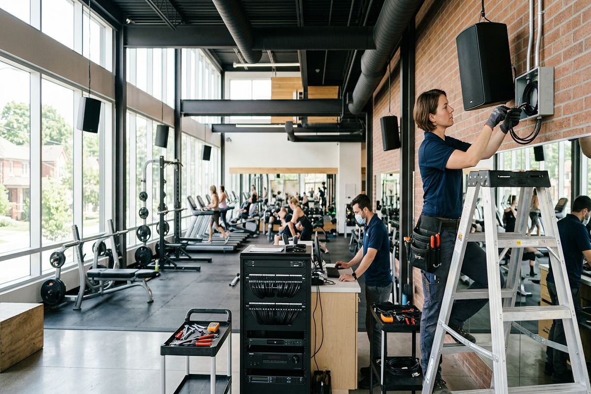 Gym and fitness studio audio being performed by a UnifiedLink low-voltage technician