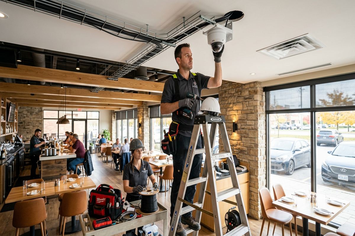 Restaurant camera installation being performed by a UnifiedLink low-voltage technician
