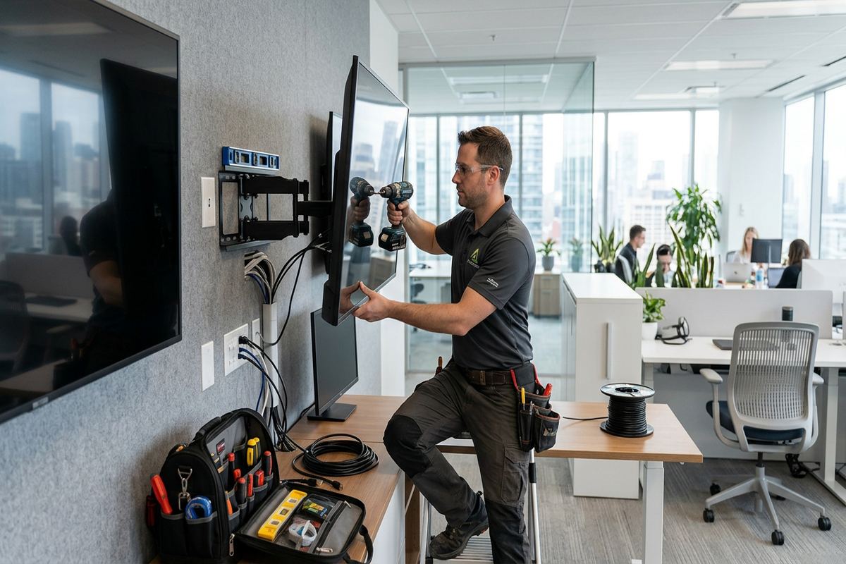 Office monitor installation being performed by a UnifiedLink low-voltage technician
