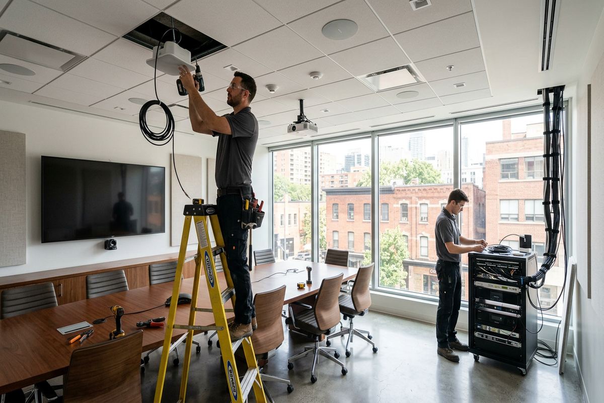 Boardroom audio installation being performed by a UnifiedLink low-voltage technician