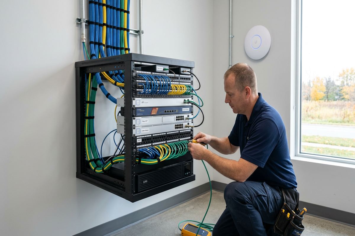 Dual-WAN and internet failover setup being performed by a UnifiedLink low-voltage technician