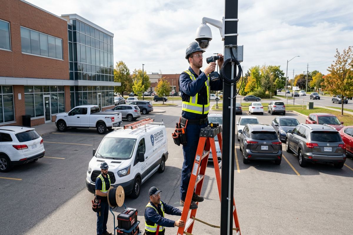 Parking lot camera installation being performed by a UnifiedLink low-voltage technician