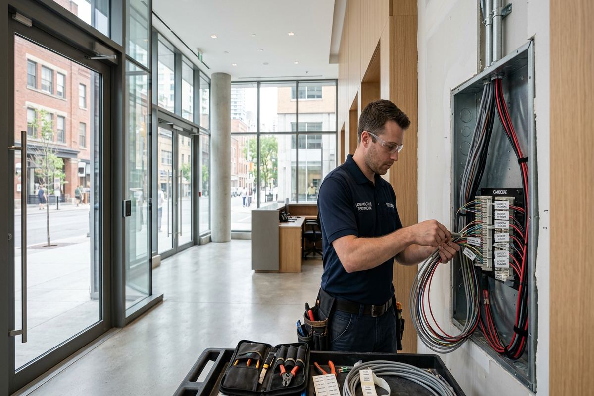 Access control pre-wiring being performed by a UnifiedLink low-voltage technician