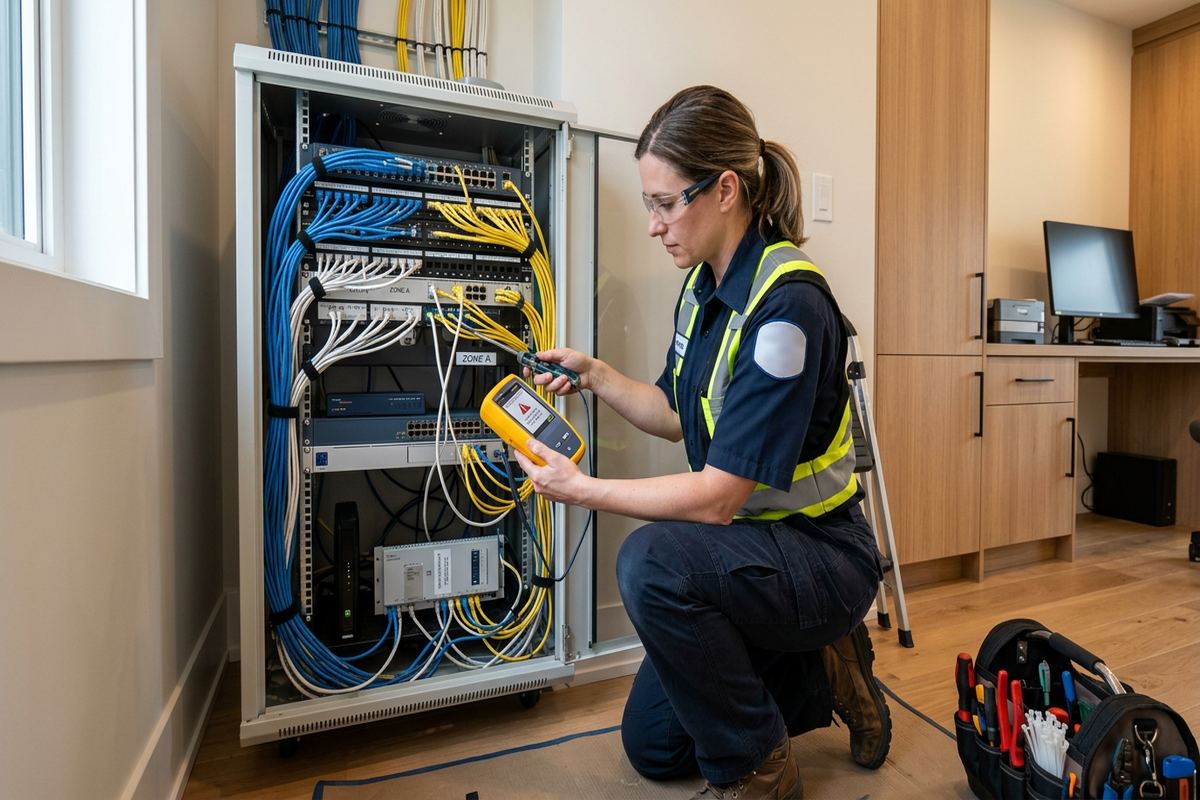 Emergency low-voltage troubleshooting being performed by a UnifiedLink low-voltage technician
