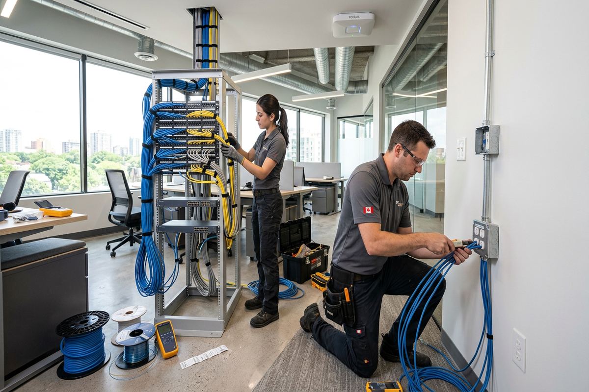 Data outlet installation being performed by a UnifiedLink low-voltage technician