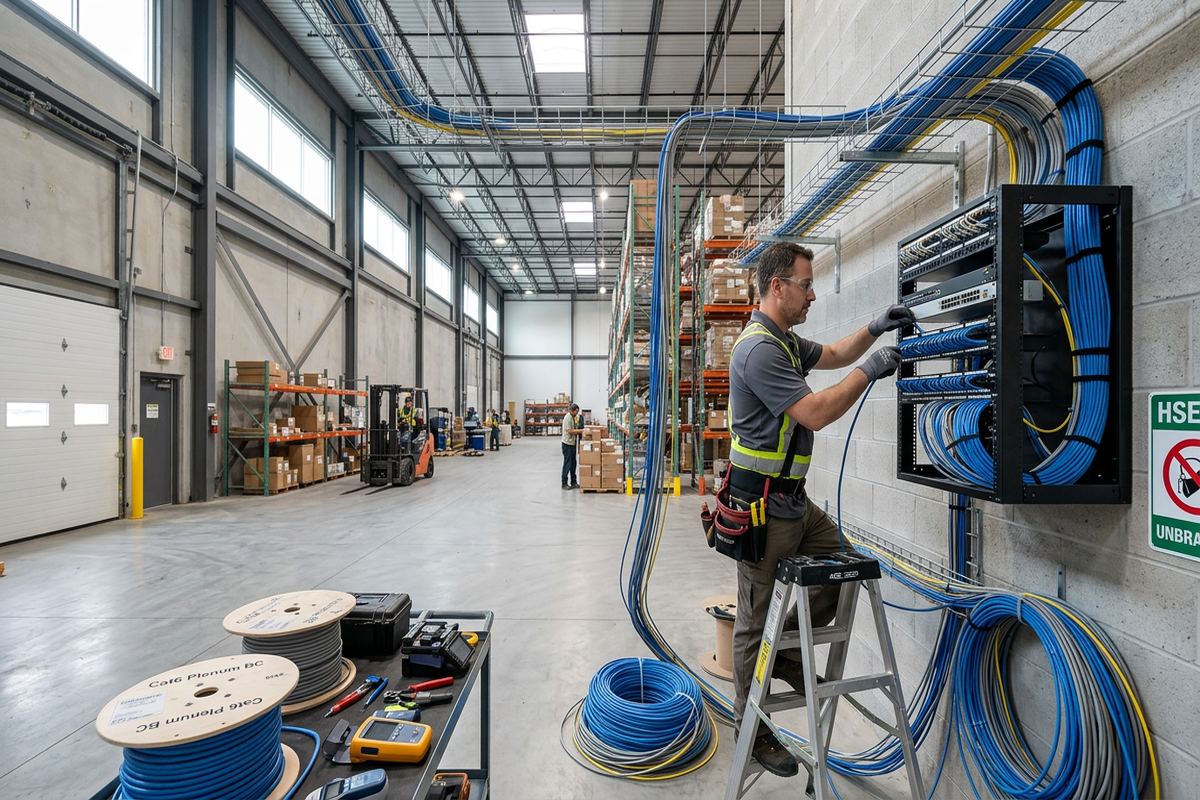 Network cabling for warehouses being performed by a UnifiedLink low-voltage technician