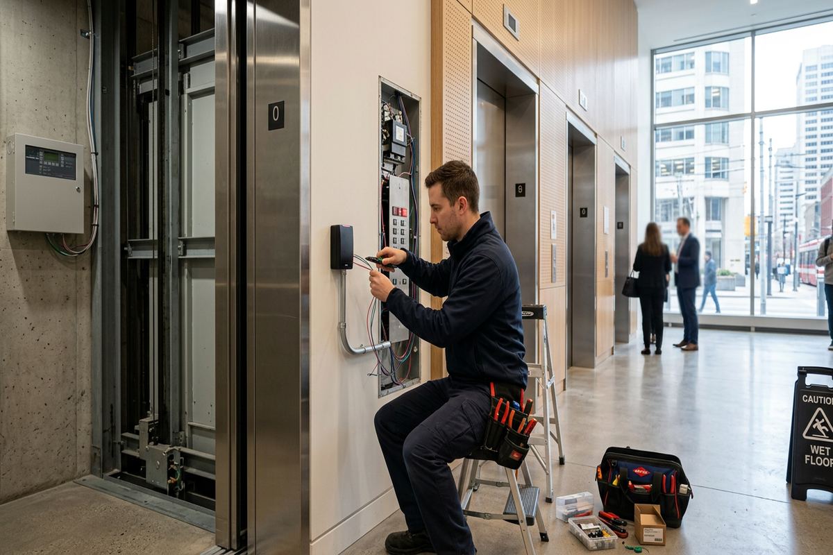 Elevator access control integration being performed by a UnifiedLink low-voltage technician