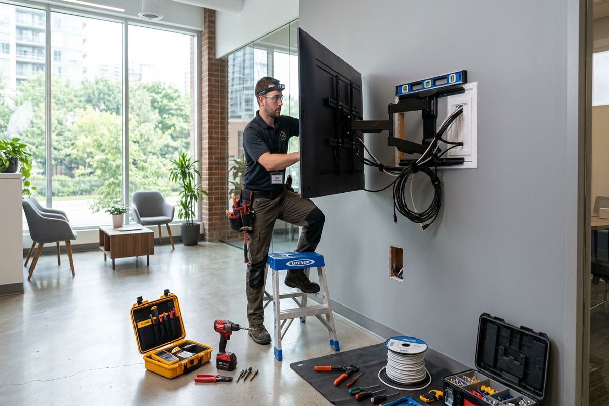 Display system maintenance being performed by a UnifiedLink low-voltage technician