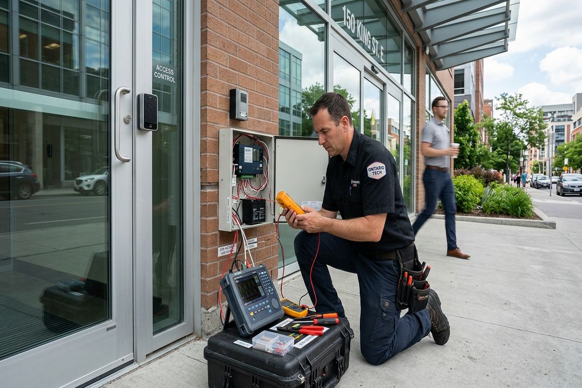 Access control troubleshooting being performed by a UnifiedLink low-voltage technician