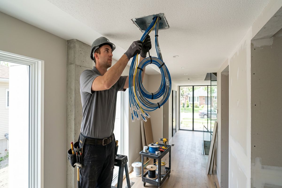 Security camera pre-wiring being performed by a UnifiedLink low-voltage technician