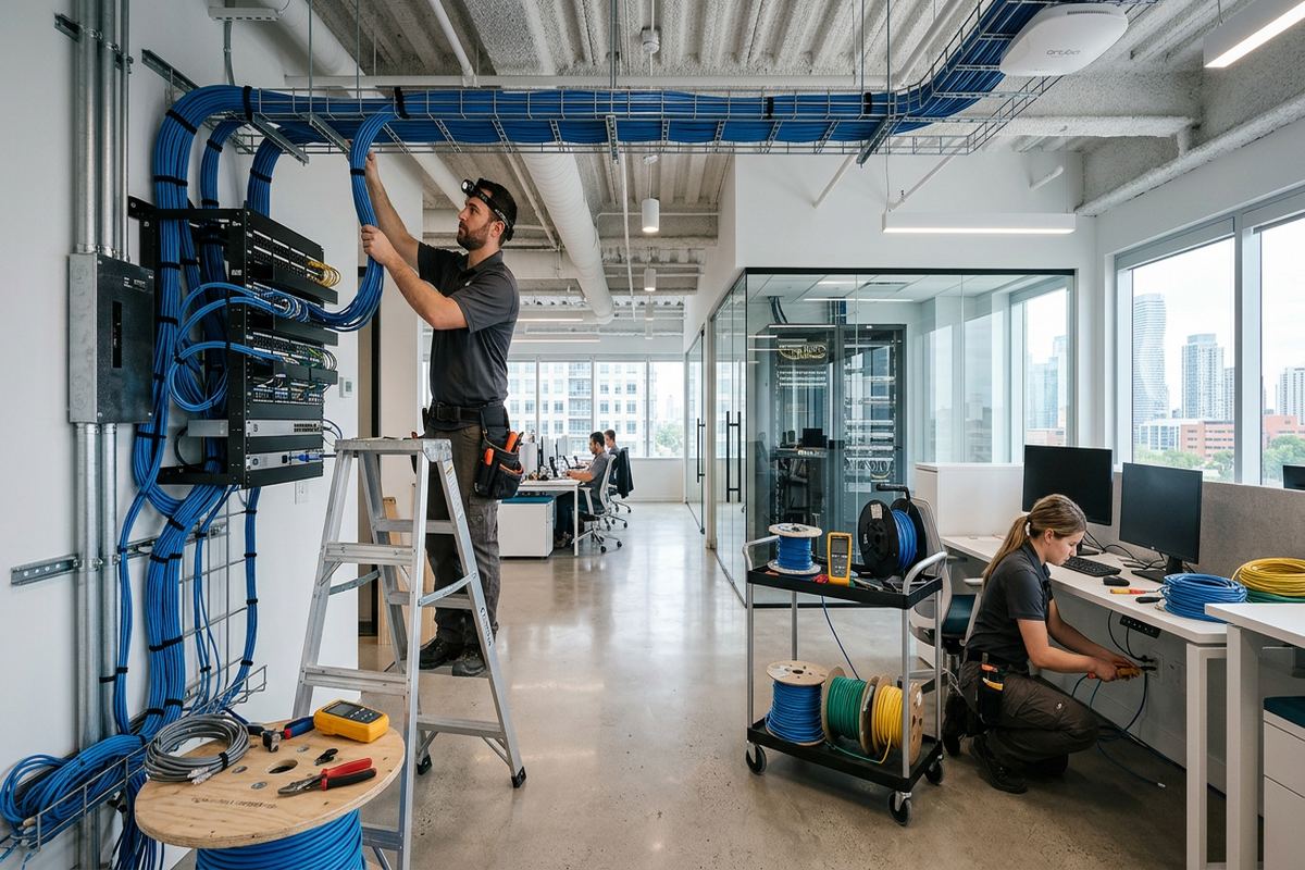 Commercial network installation being performed by a UnifiedLink low-voltage technician
